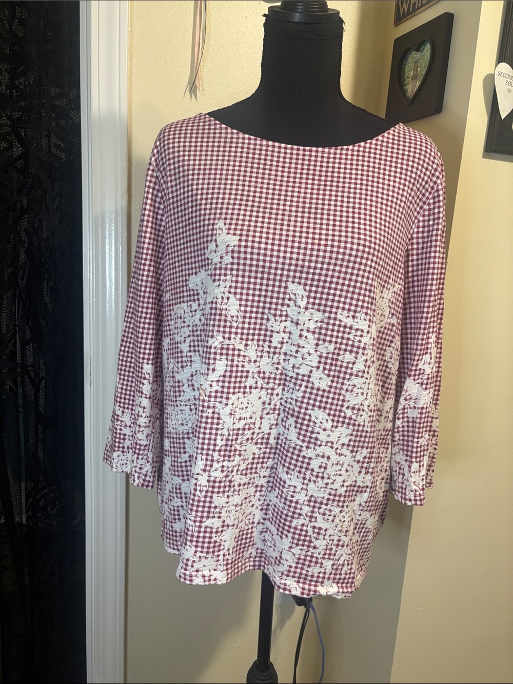 Women's Red Gingham Floral Boatneck Top